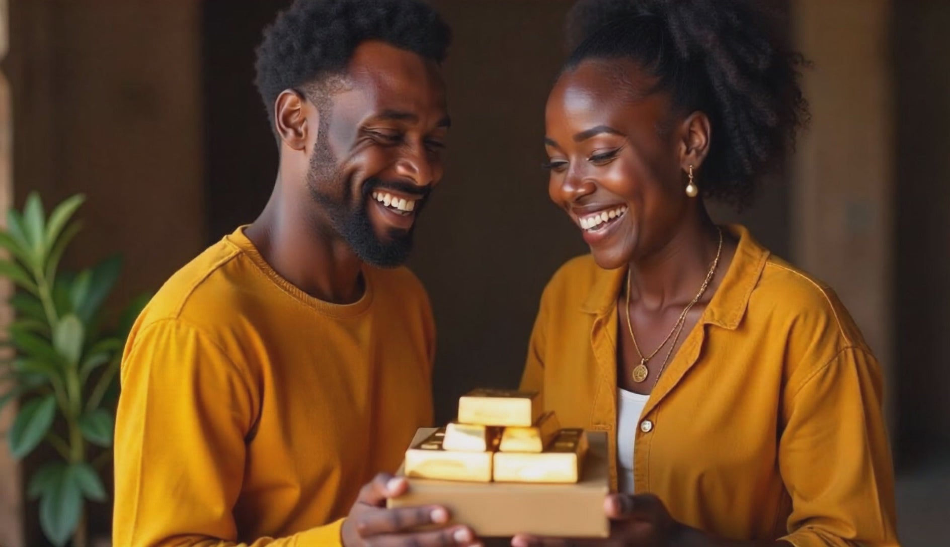 Load video: Happy african couple are holding gold bars and smiling